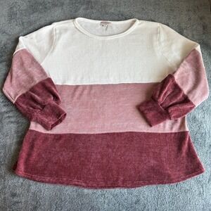 Andree By Unit Women's 2X Color Block Pullover Top Pink White Long Sleeve